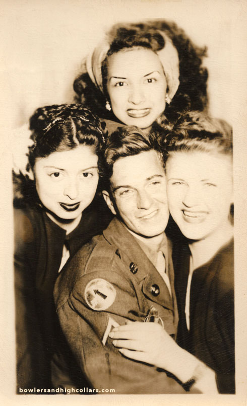 3 women and an Army sergeant. RPPC. Private Collection.