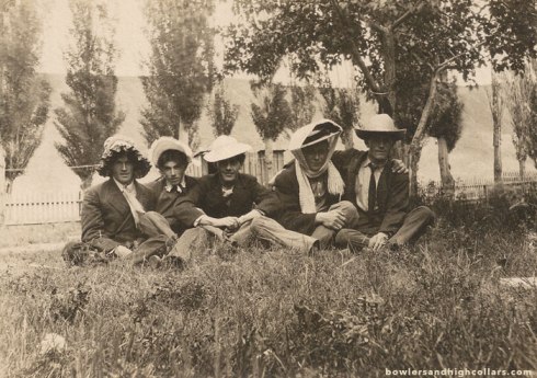 5 buddies in women's hats. RPPC. Private Collection.
