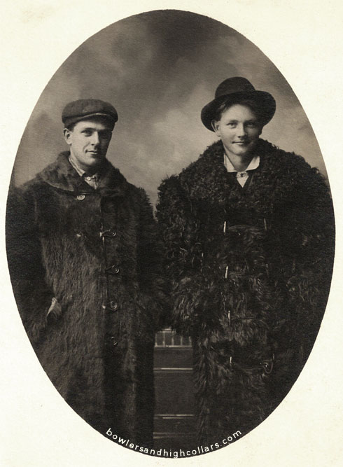 Hand & Arthur in Buffalo fur coats. RPPC. Private Collection.