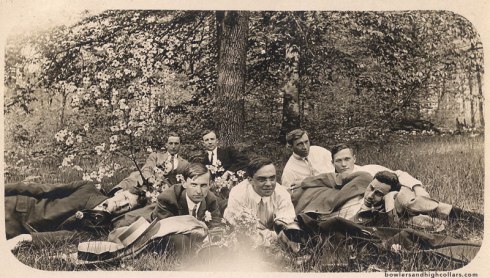 Gentlemen in nature with a tin of Bagdad tobacco. RPPC. Private Collection.